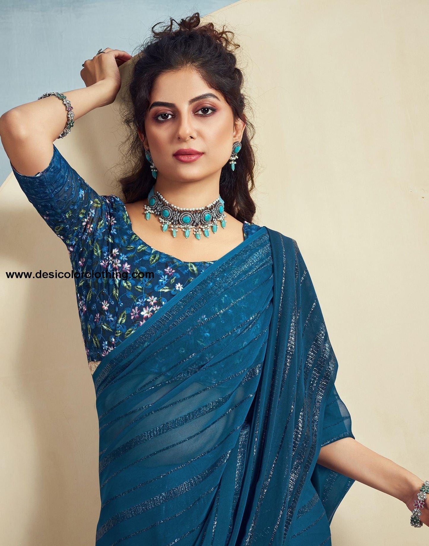 Teal Blue Plain Georgette Saree