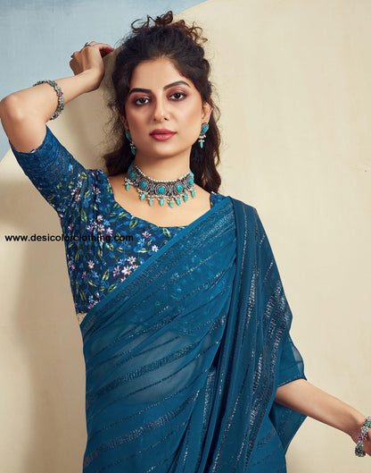 Teal Blue Plain Georgette Saree