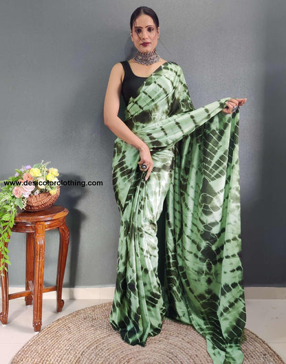 Dull Green Printed Silk Pre-draped Saree
