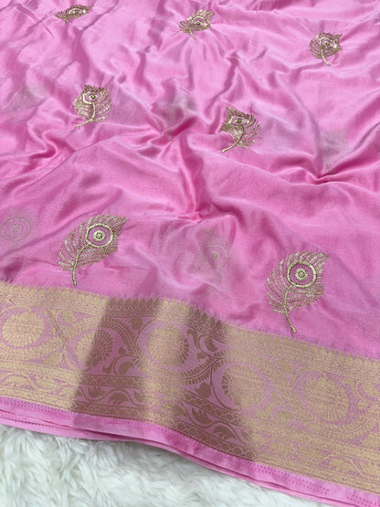 Product Image - Elegant Pure Chinnon Saree with Jacquard Zari Butta and Rich Pallu | Designer Festive Wear