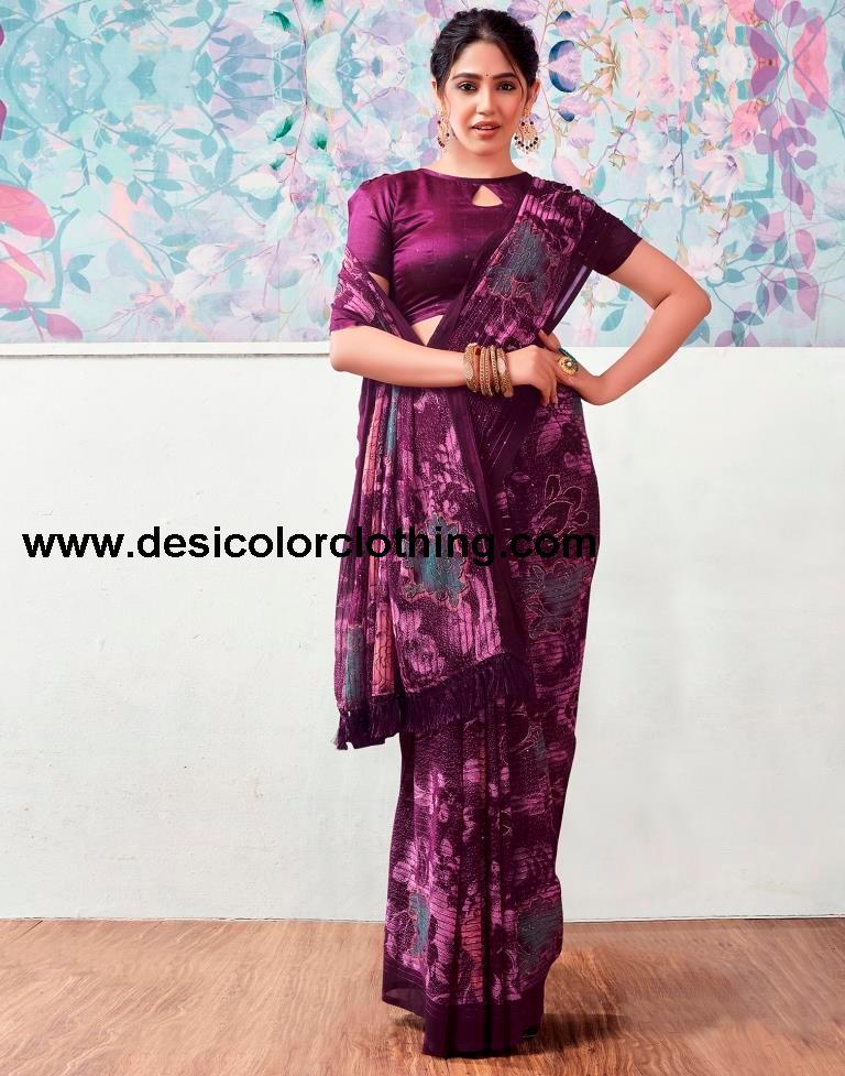 Deep Purple Georgette Printed Sarees