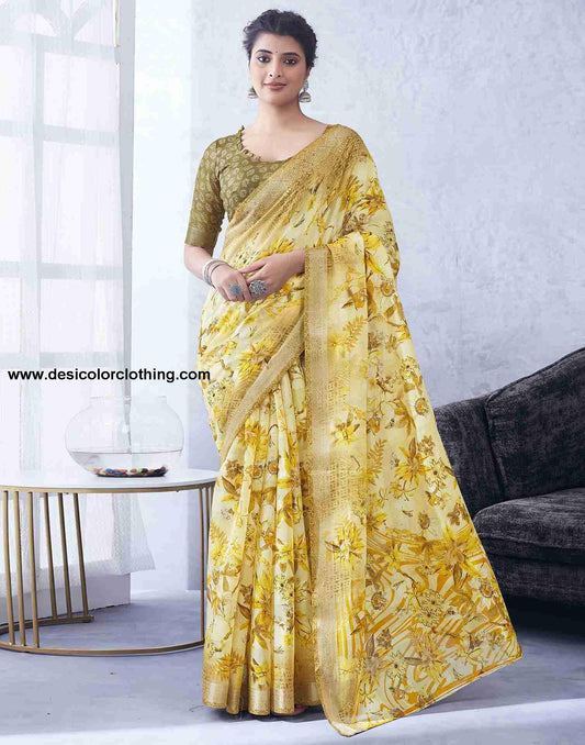 Yellow Cotton Printed Saree