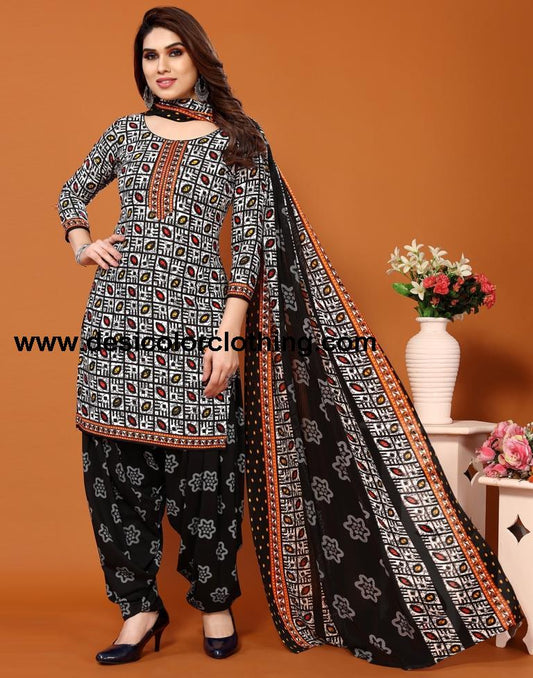 Black Printed Cotton Unstitched Salwar Suit Material