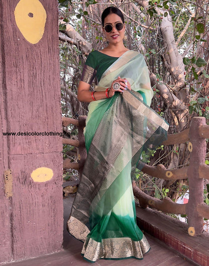 Dark Green Plain Organza Saree