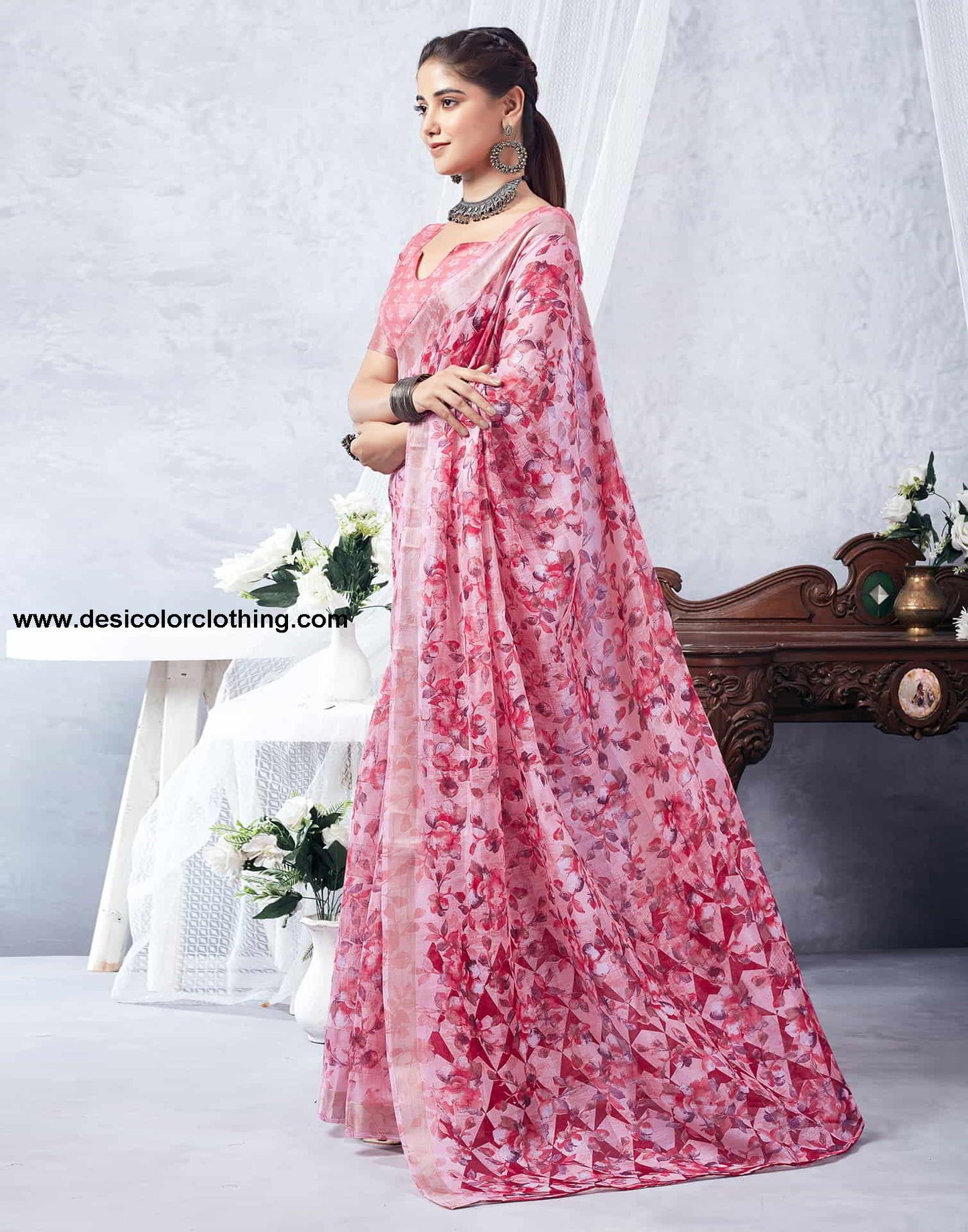 Pink Printed Cotton Saree