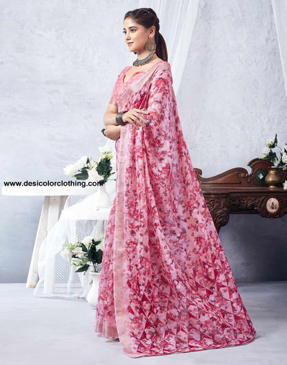 Pink Printed Cotton Saree