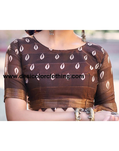 Dark Brown Cotton Printed Saree