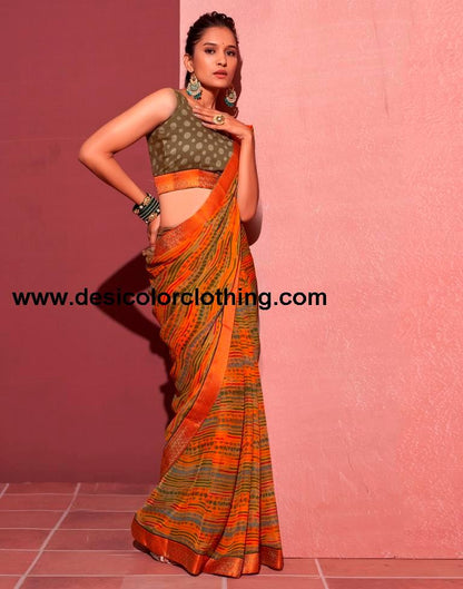 Orange Chiffon Printed Saree
