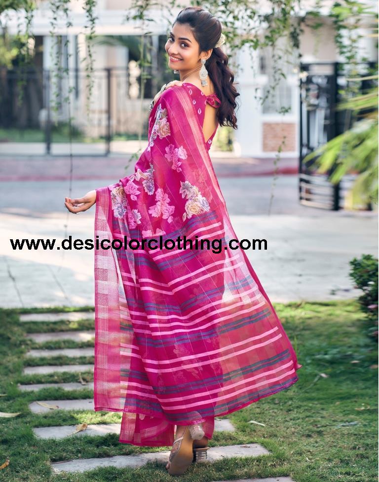 Rani Pink Cotton Printed Saree