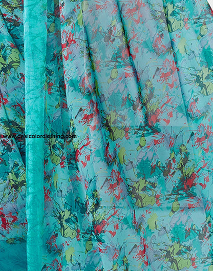 Turquoise Printed Georgette Saree