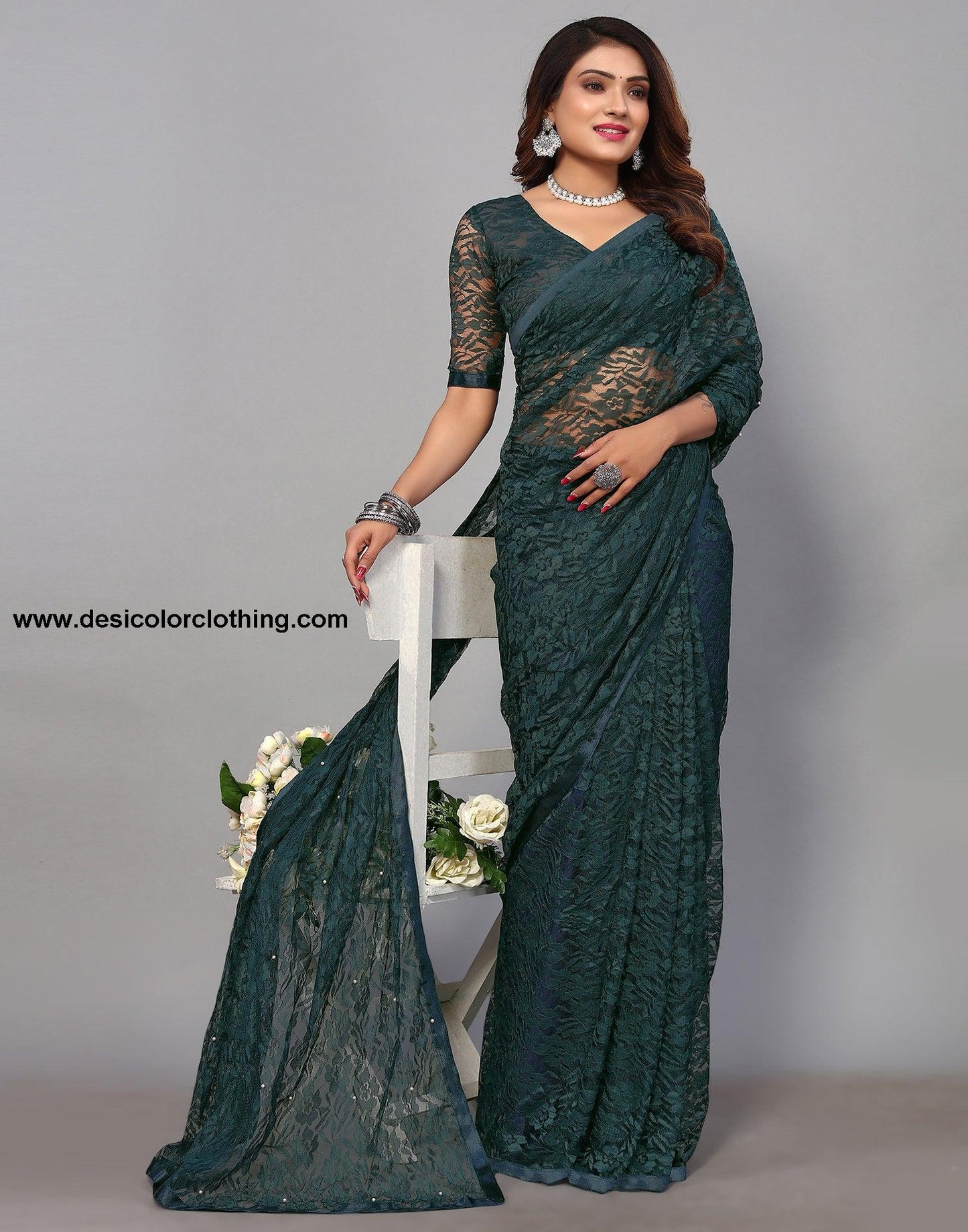 Pine Green Net Lace Saree
