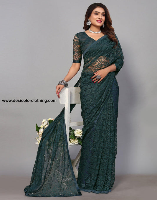 Pine Green Net Lace Saree