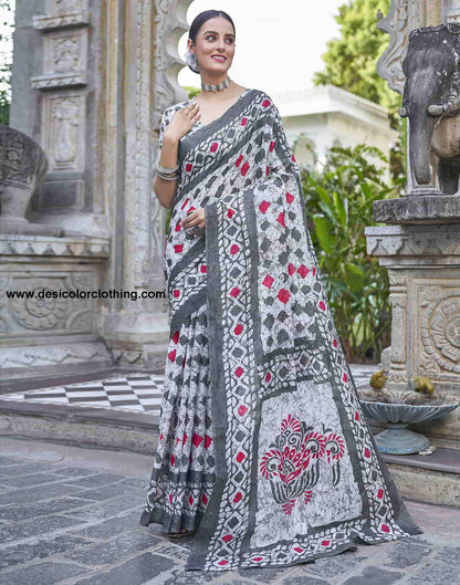 White Printed Cotton Saree