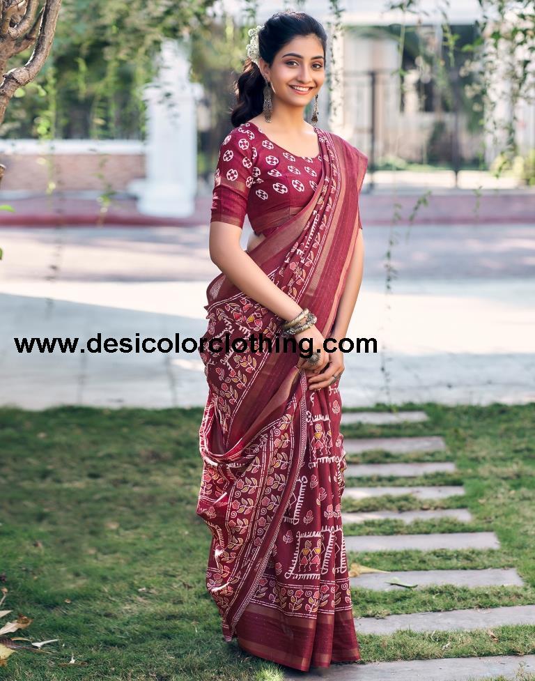 Wine Silk Printed Saree