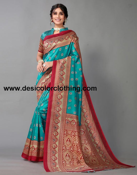 Rama Blue Printed Silk Saree