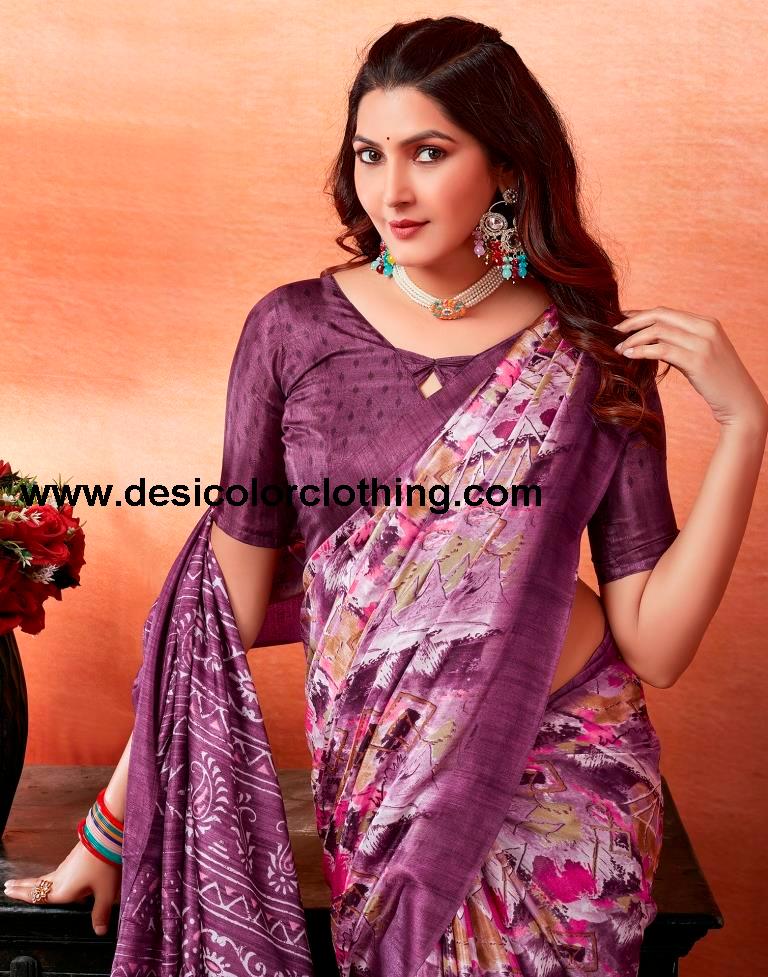 Dark Purple Silk Printed Sarees