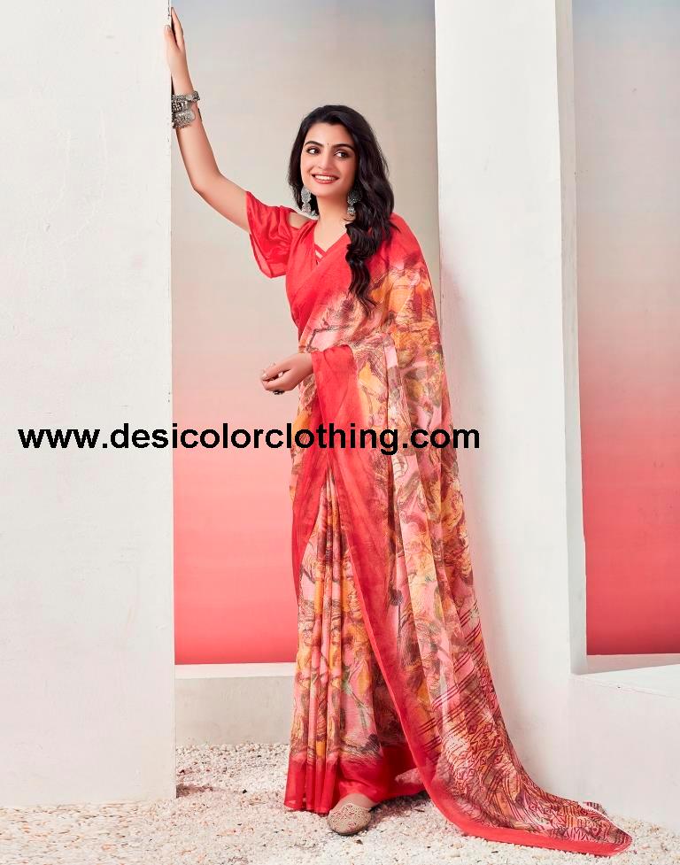 Red Chiffon Printed  Saree
