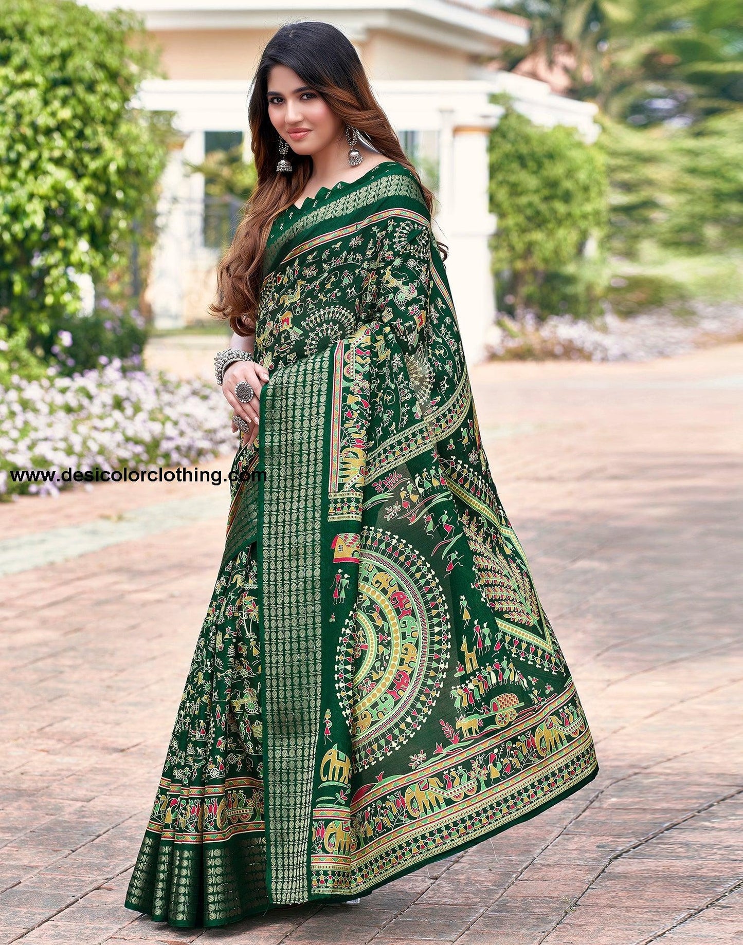 Bottle Green Silk Printed Saree