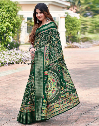 Bottle Green Silk Printed Saree