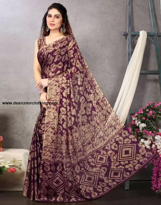 Wine Chiffon Printed Saree