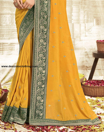 Yellow Embroidery Banarasi Silk Saree