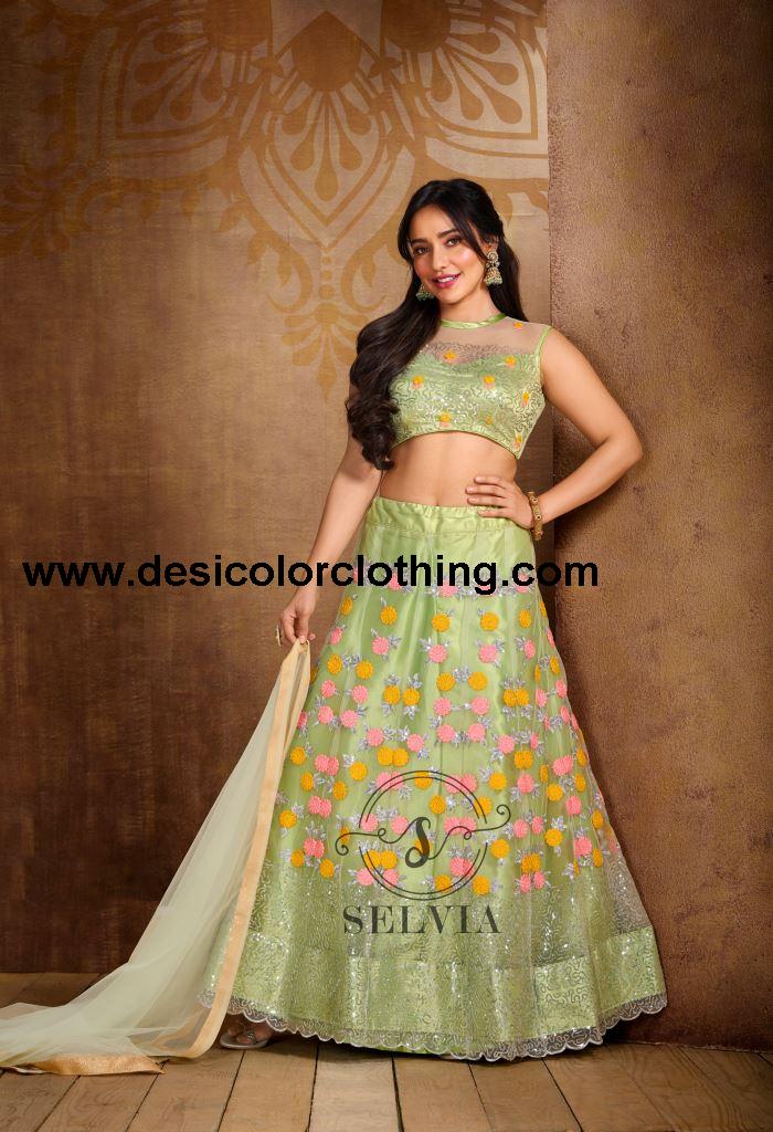 Pista Cream Coloured Net Sequence Embroidered Partywear Lehenga  | SLV125L10496