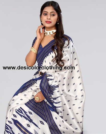 White Printed Silk Saree