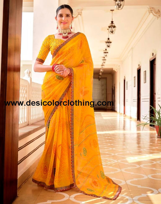 Yellow Chiffon Bandhani Saree
