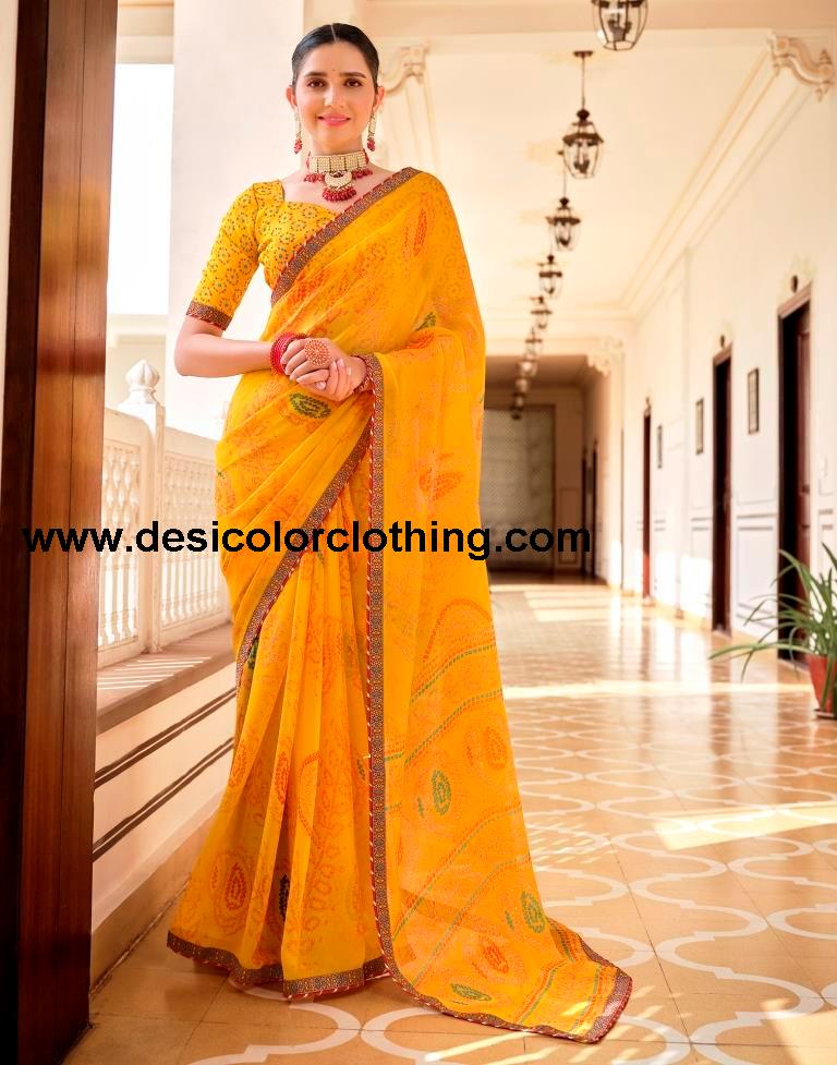 Yellow Chiffon Bandhani Saree