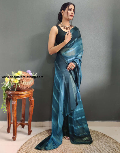 Teal Blue Weaving Georgette Pre-draped Saree