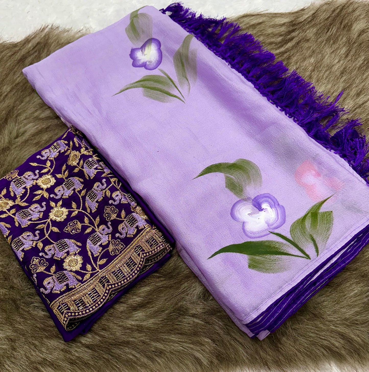 Product Image - Mahek Designer Saree - Kiwi Crush Fabric with Brush Paint & Handwork Blouse
