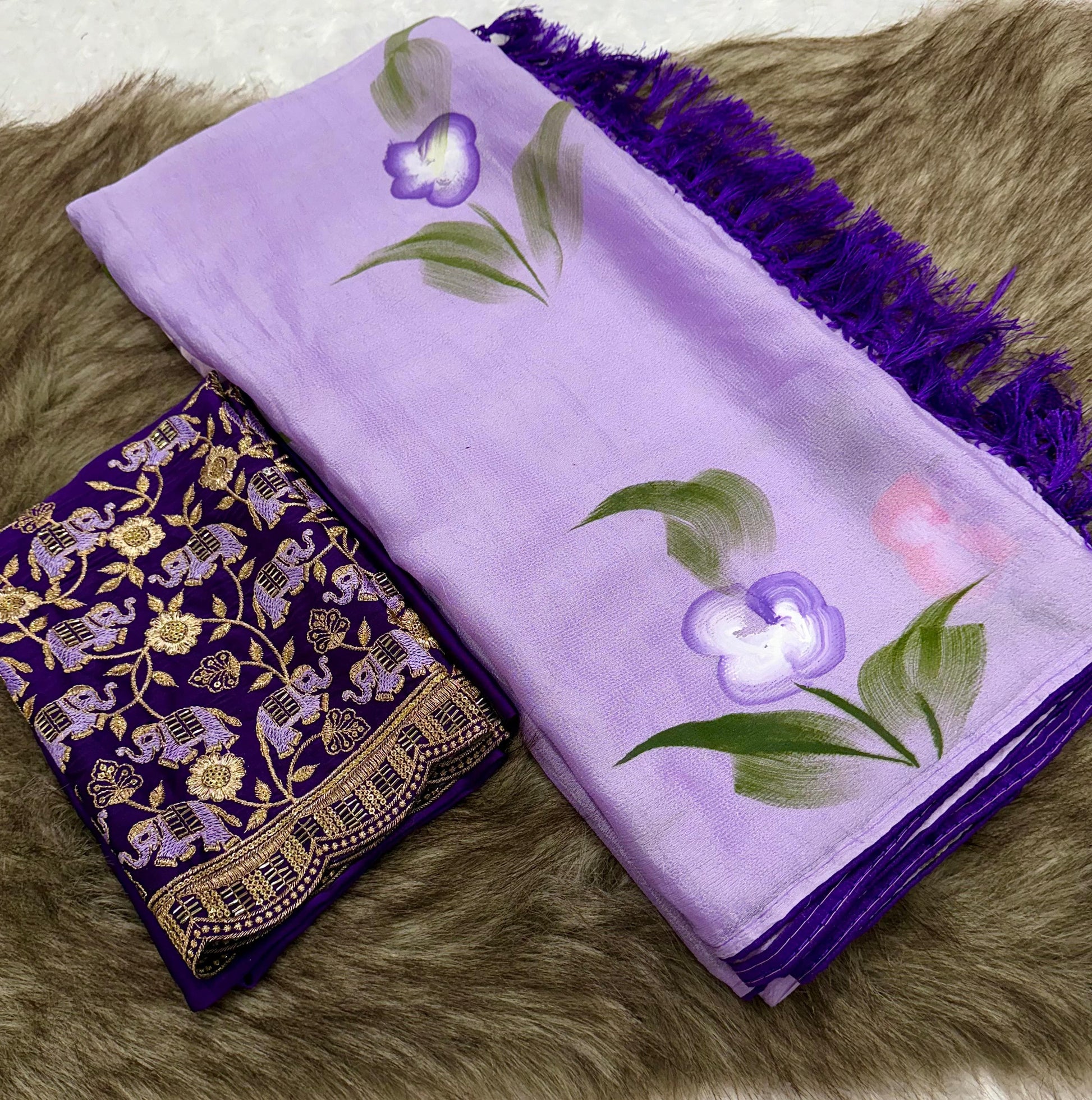 Product Image - Mahek Designer Saree - Kiwi Crush Fabric with Brush Paint & Handwork Blouse