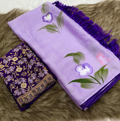 Product Image - Mahek Designer Saree - Kiwi Crush Fabric with Brush Paint & Handwork Blouse