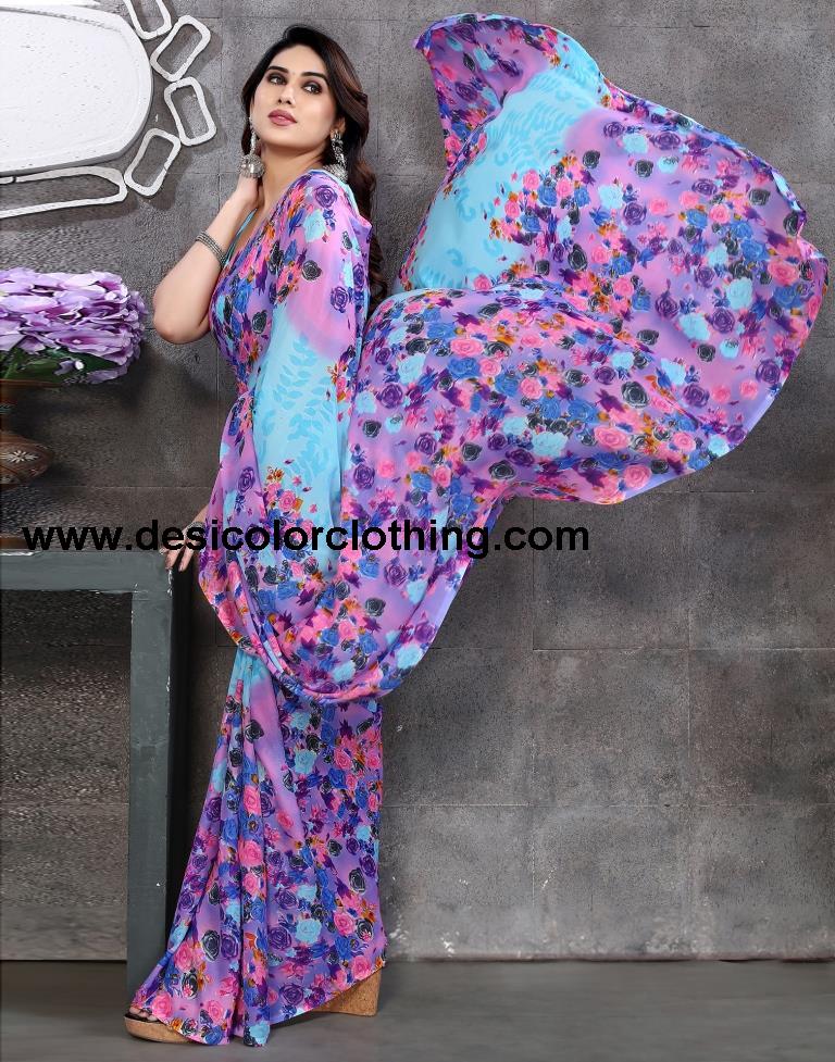 Sky Blue Georgette Floral Printed Saree