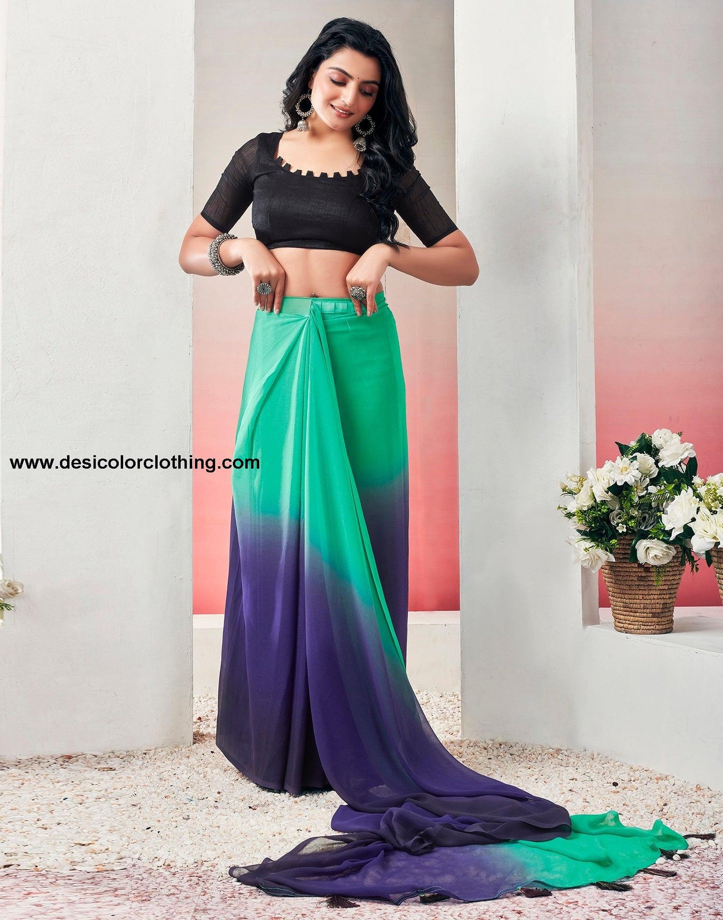 Teal Green Georgette Plain Ready to Wear Saree