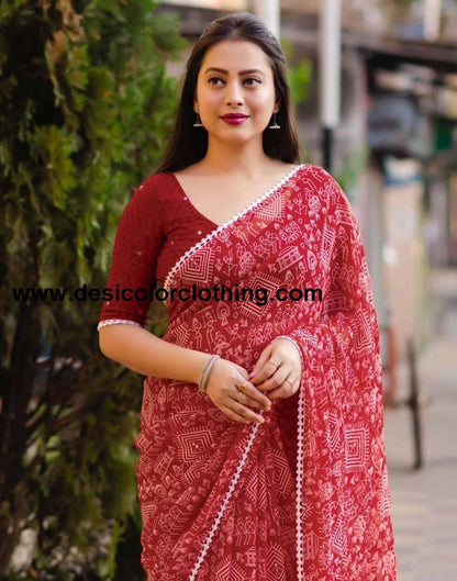 Red Georgette Printed Saree