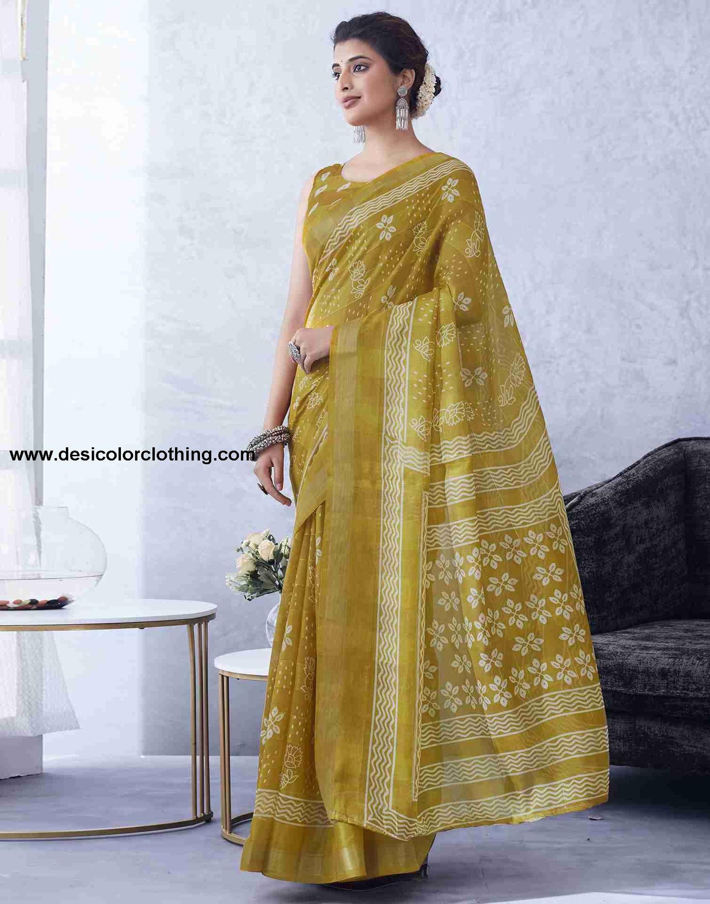 Yellow Cotton Printed Saree