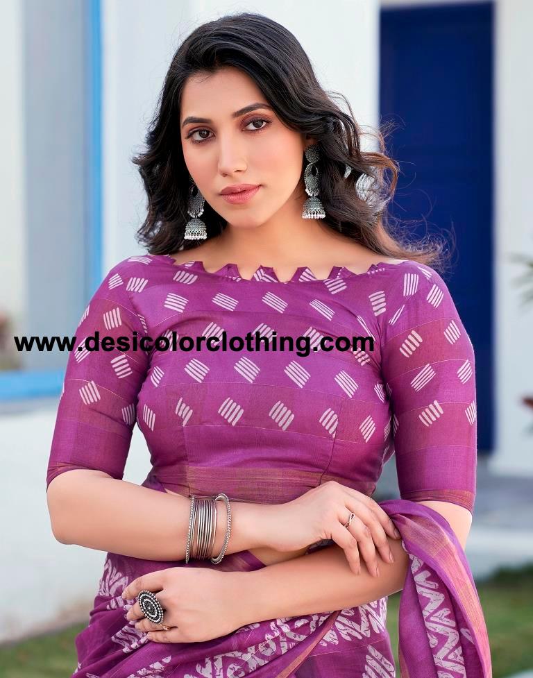 Purple Printed Cotton Saree