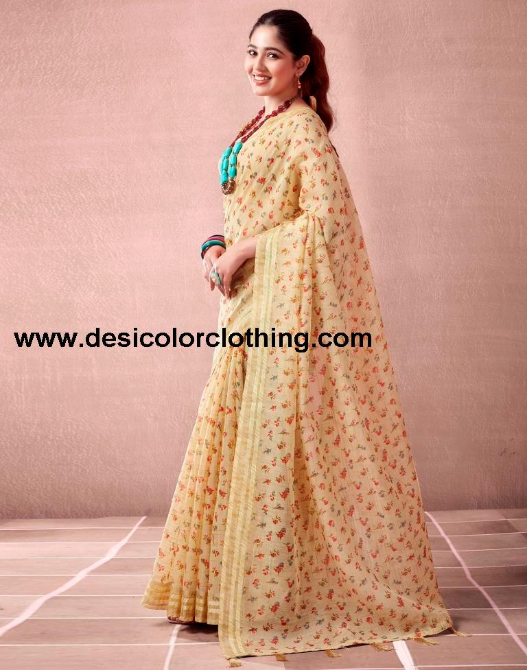 Beige Cotton Printed  Saree