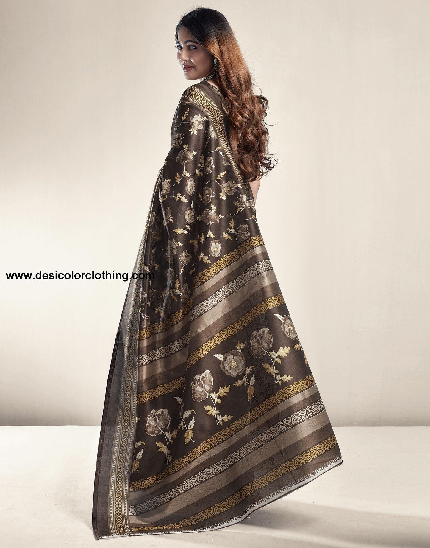 Dark Brown Printed Silk Saree