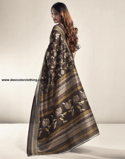 Dark Brown Printed Silk Saree