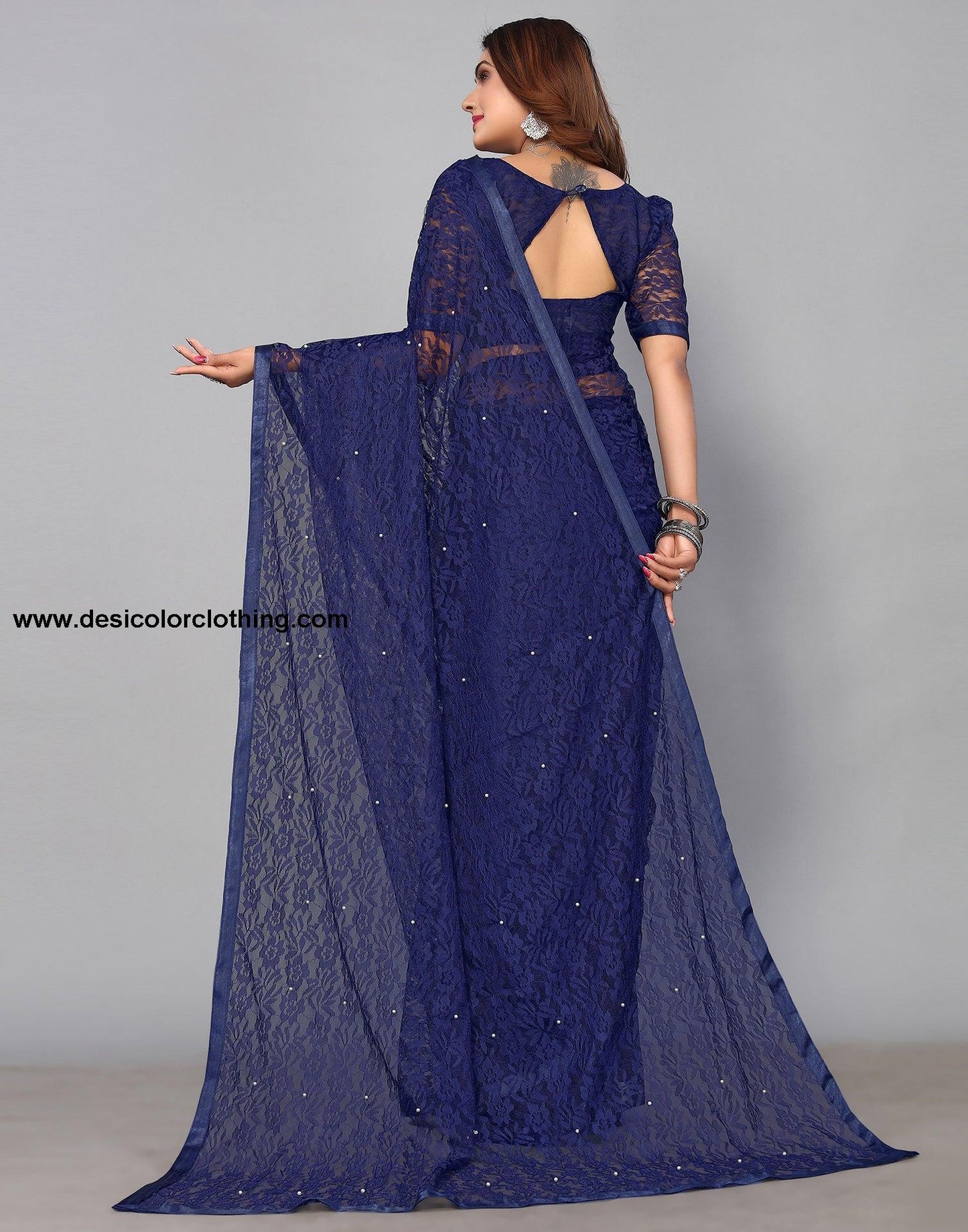 Dark Blue Net Lace Saree