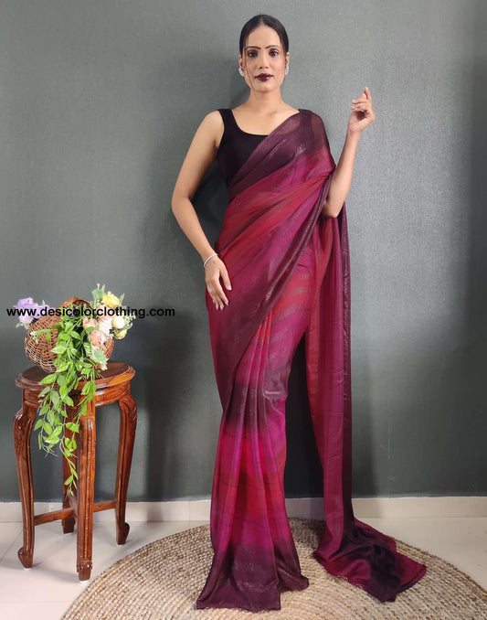 Pink Printed Georgette Pre-draped Saree