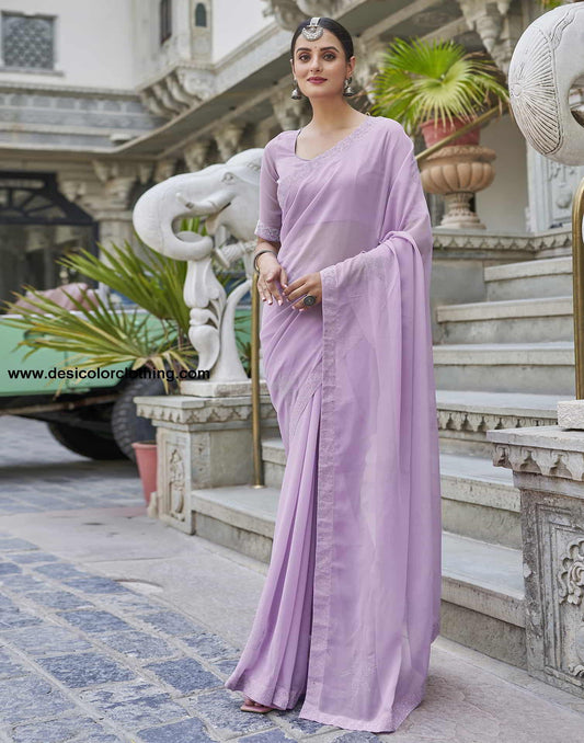 Purple Swarovski Georgette Stone Work Saree