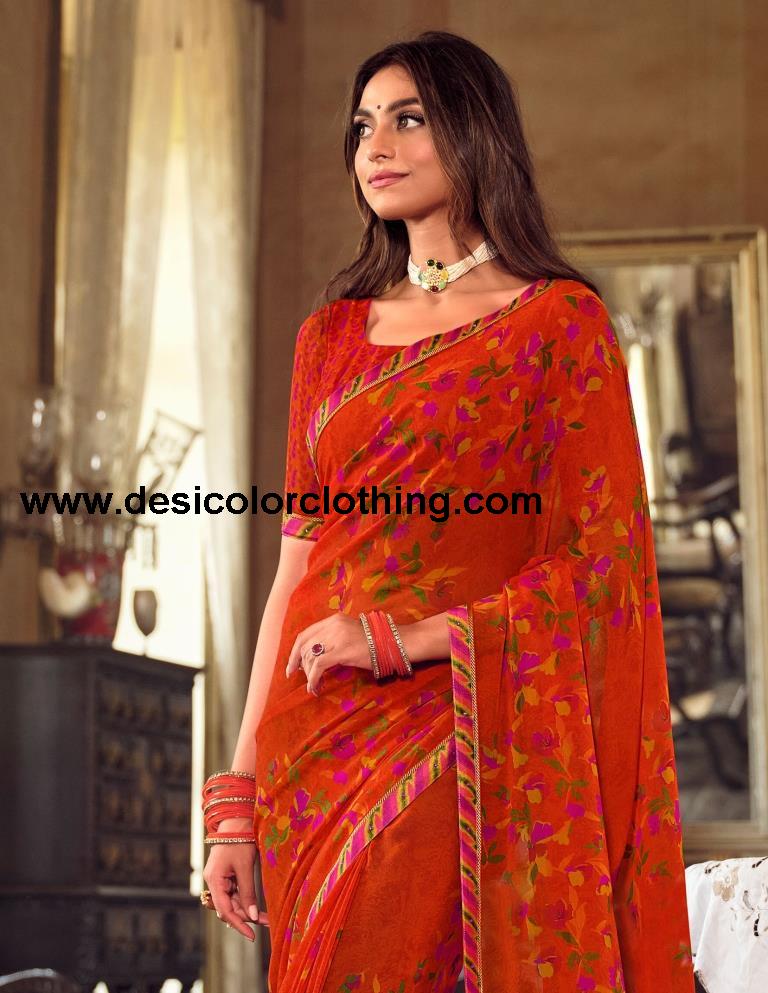Orange Georgette Printed Saree