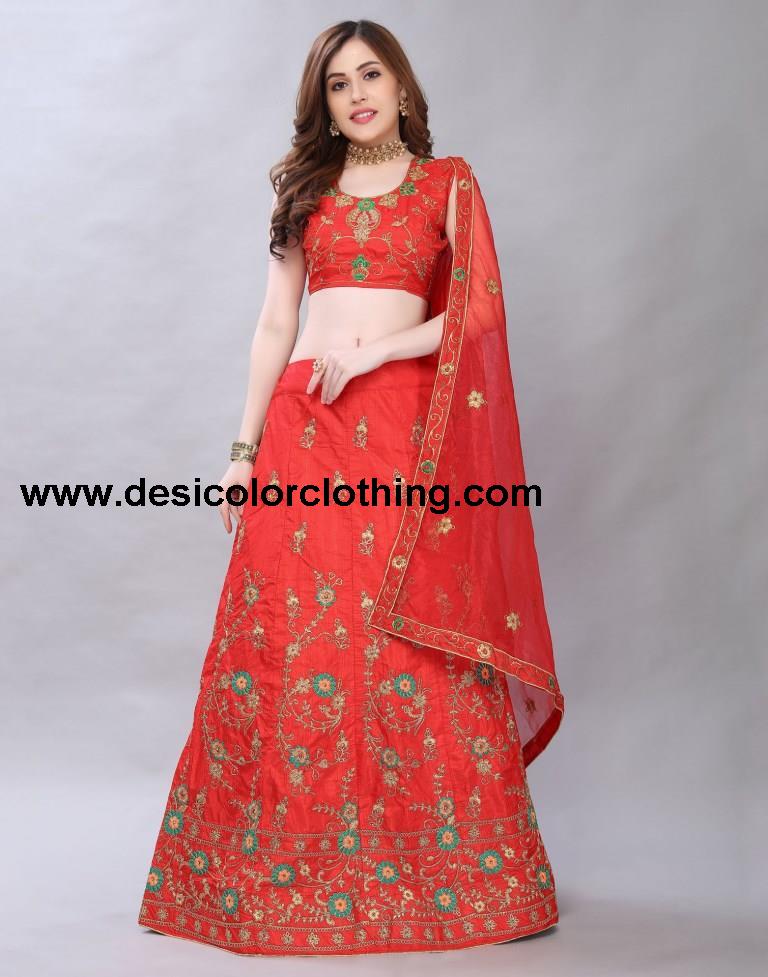 Peppy Red Coloured Poly Silk Embroidered Casual Wear Lehenga | SLV119L10399