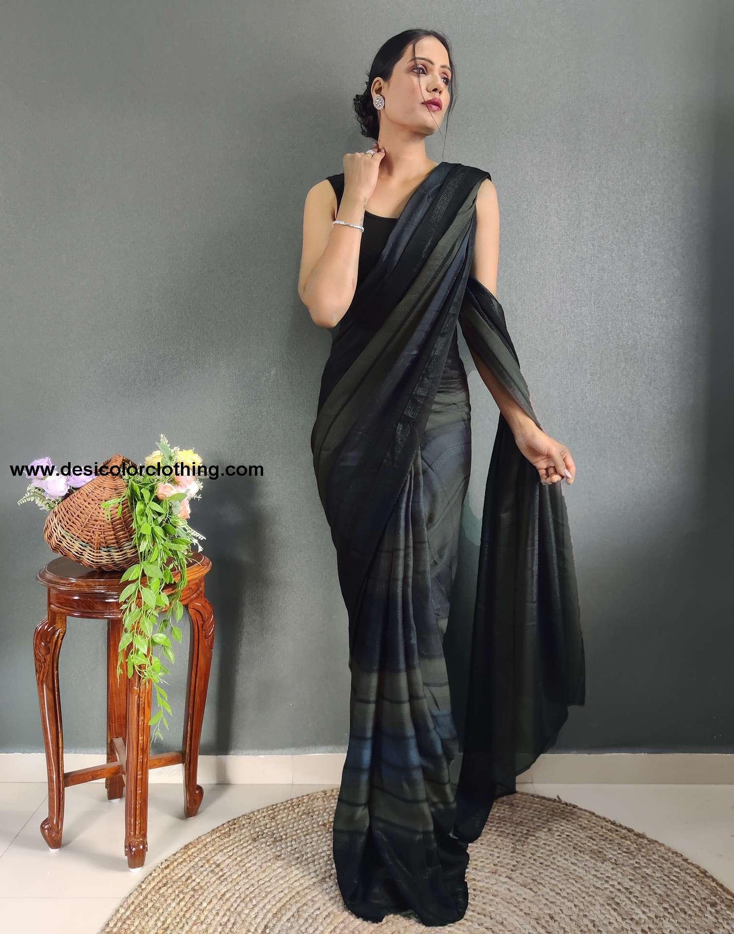 Baige Printed Georgette Pre-draped Saree