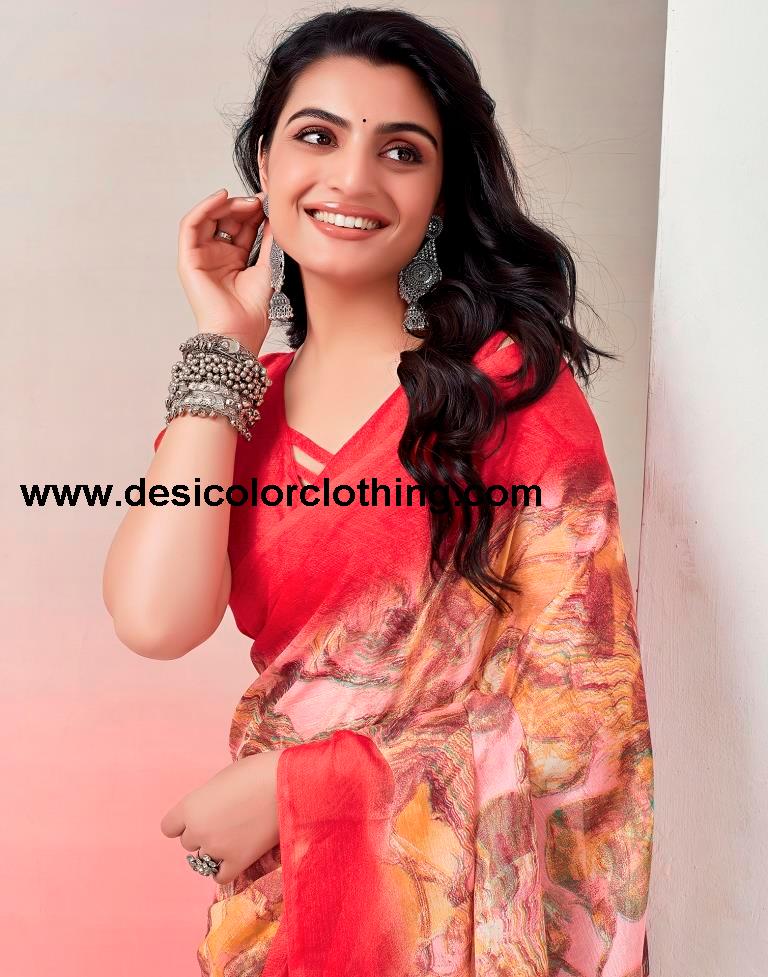 Red Chiffon Printed  Saree