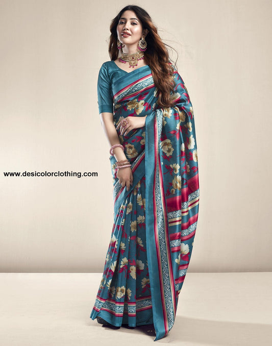 Rama Green Printed Silk Saree