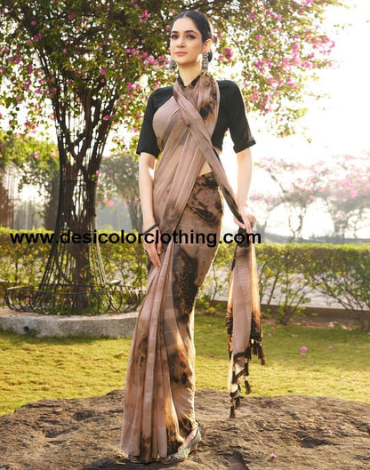 Beige Georgette Printed Saree